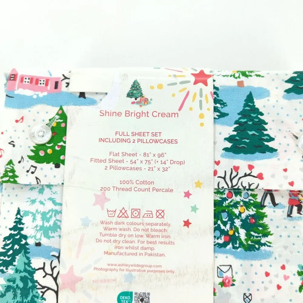 CATH KIDSTON Full Sheet Set Shine Bright Cream White Christmas Flat Fit Pillow